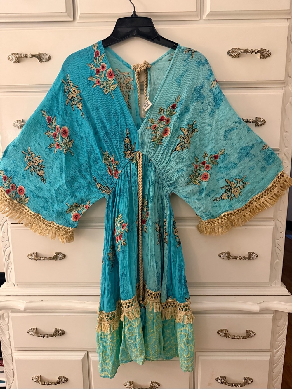 Zury Boho Embroidered Fringe Kaftan Dress Turquoise Free Size Mini NWOT